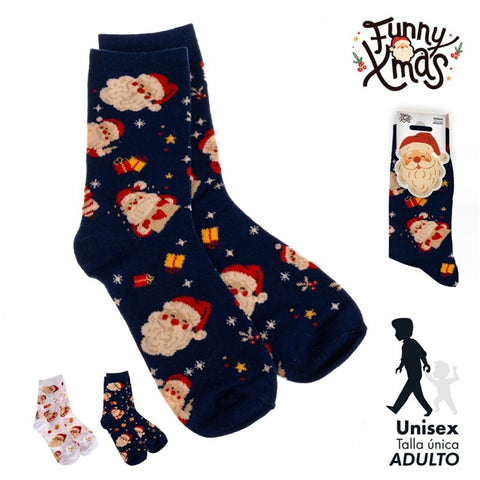 Calcetines Adulto Talla Única Papa Noel Blanco/Azul Oscuro