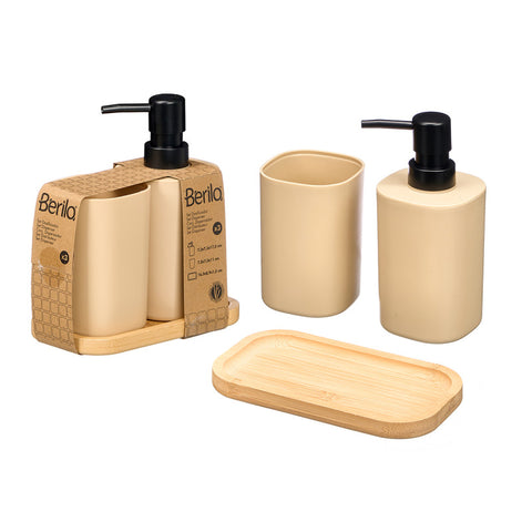 Set Dosificador Vaso Base Bambú Beige