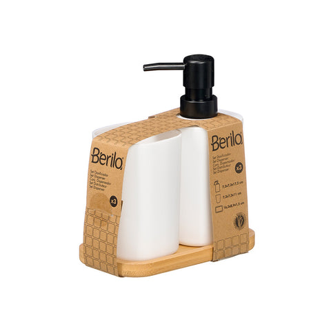 Set Dosificador Vaso Base Bambú Blanco