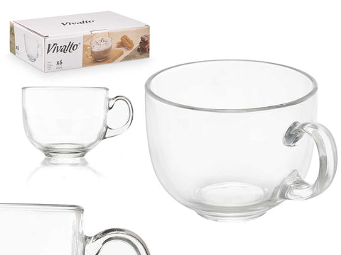 Pack 6 Tazones Desayuno Cristal Asa Jumbo 470ml