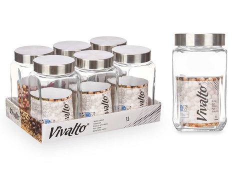 Pack 6 Botes de Cristal Cuadrado 1 Litro Tapa Acero