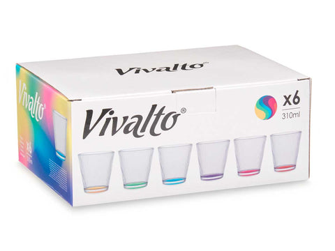Pack 6 Vasos de Vidrio Rayas Base Coloreada 310ml