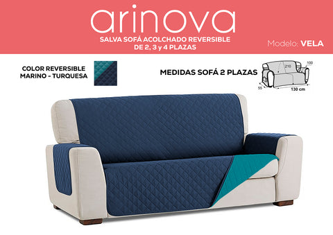 Cubre Sofá 2 Plazas Acolchado Reversible Turquesa/Marino