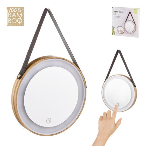 Espejo de Pared 20cm Bambú LED con Cuerda Cuero