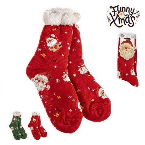 Calcetines Kids Antideslizantes Papá Noel Borreguito Sherpa Rojo/Verde