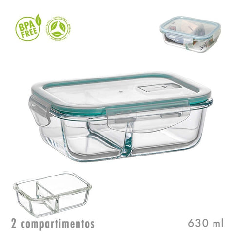 Fiambrera Borosilicato 630ml 2 Compartimentos para Microondas Hermética Rectangular