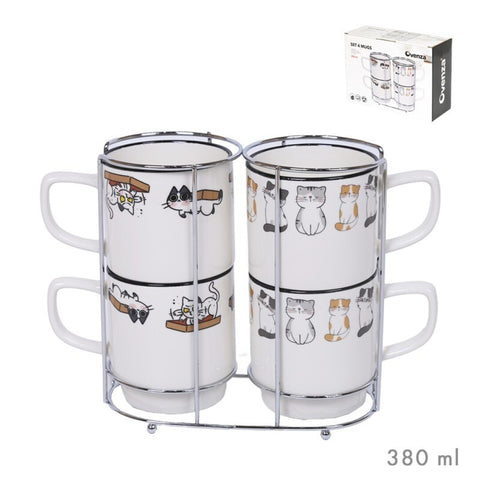 Set 4 Tazas Café 380ml Soporte Metal Many Cats