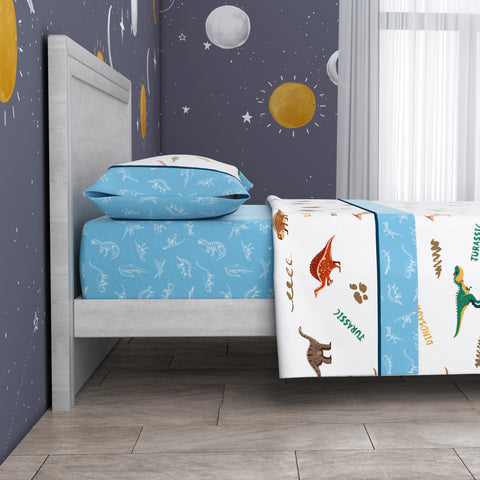 Juego de Sábanas cama 90cm Dinos Azul 50% Algodón