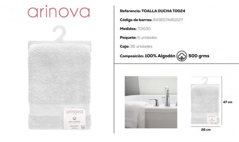 Toalla Blanca 70x130cm 500 gramos Arinova para Ducha