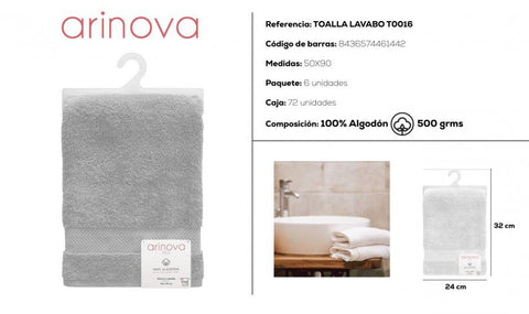 Toalla Gris Plata 50x90cm 500 gramos Arinova para Lavabo