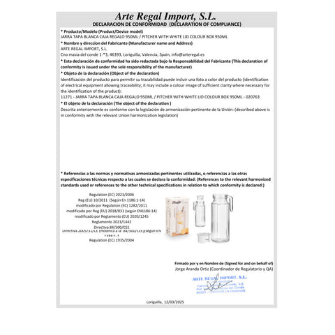 Jarra Tapa Blanca 950ml Caja Regalo