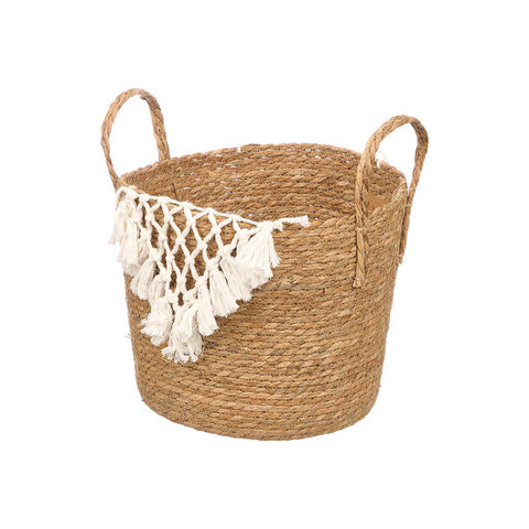 Macetero Mimbre Macramé Pompón Blanco
