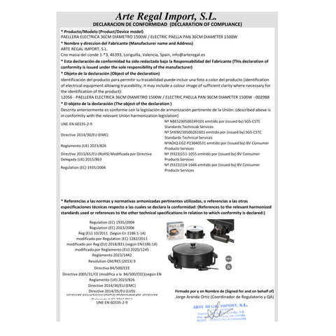Paellera Eléctrica 36cm Diámetro 1500W Argón