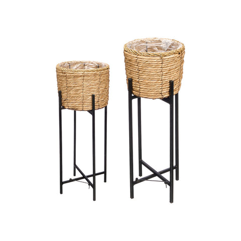 Set 2 Maceteros Mimbre Natural Patas Metal