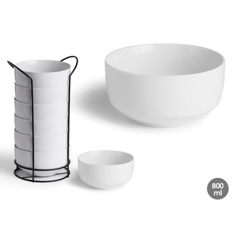 Set 6 Bols Redondos Lisos Porcelana 800ml con Soporte