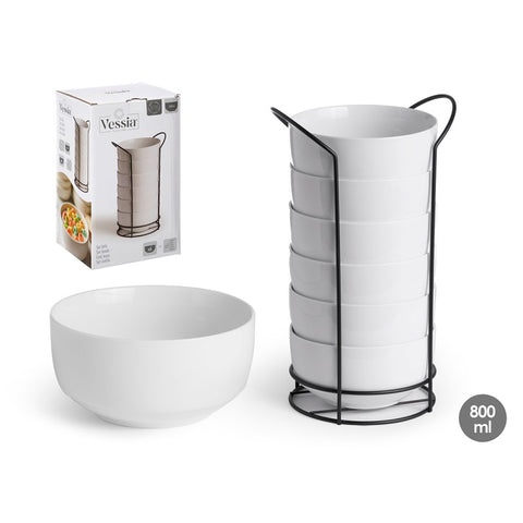 Set 6 Bols Redondos Lisos Porcelana 800ml con Soporte