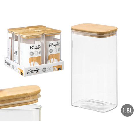 Tarro Rectangular Borosilicato 1,8 Litros Tapa Bambú