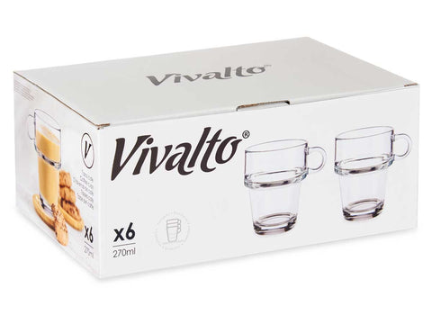 Pack 6 Tazas de Vidrio Apilables 270ml con Asa