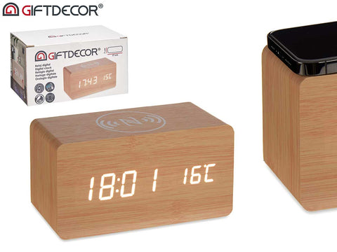 Reloj efecto Madera con Alarma - Cargador Movil - Temperatura 