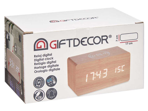 Reloj efecto Madera con Alarma - Cargador Movil - Temperatura 
